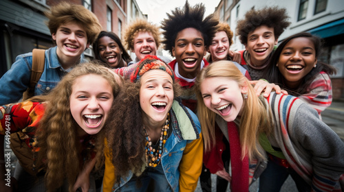 Trendy hippie teen group smiling in summer. Hugging best friends.