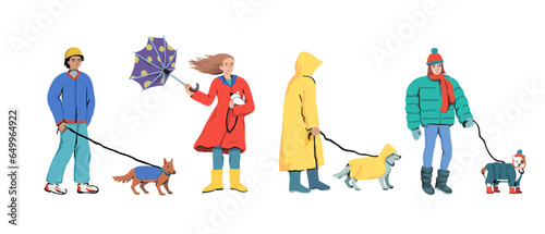 People walk dogs in bad weather. Walk with a dog in the fall and winter in the rain on a cold day. Set of isolated characters. Vector illustration.