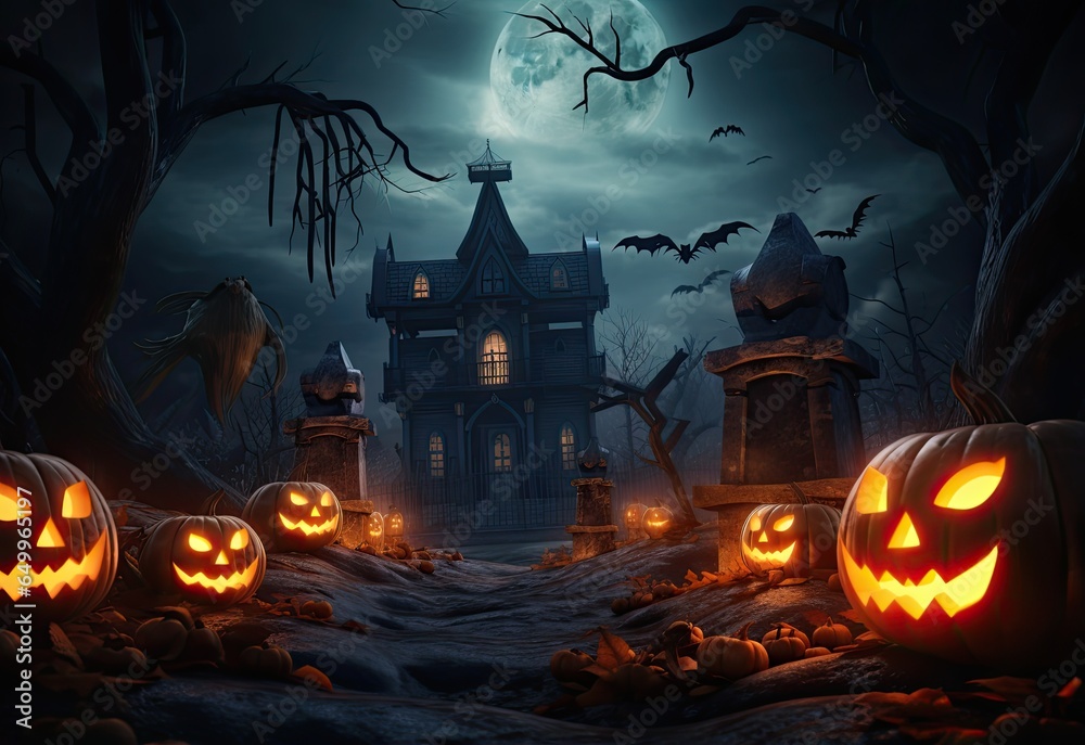 Halloween background with pumpkins and a haunted house