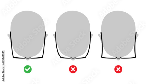 Right and wrong glasses temple fitting on human head Eye frame glasses fashion accessory medical illustration. Sunglass top view for Men, women silhouette style, flat sketch style outline isolated