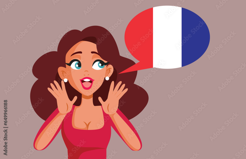 Cheerful Beautiful Woman Speaking French Language Vector Cartoon Illustration. Happy girl learning a new foreign language for travel 
