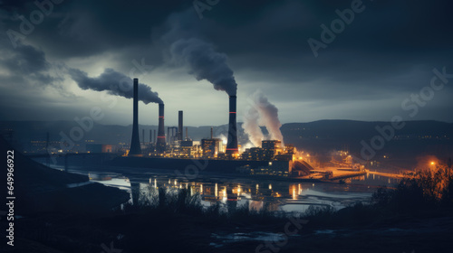 Coal thermal power plant at night, energy production landscape, air polution concept