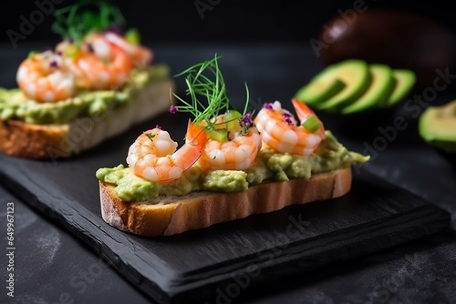Open sandwiches with avocado pate and shrimps. Generative AI