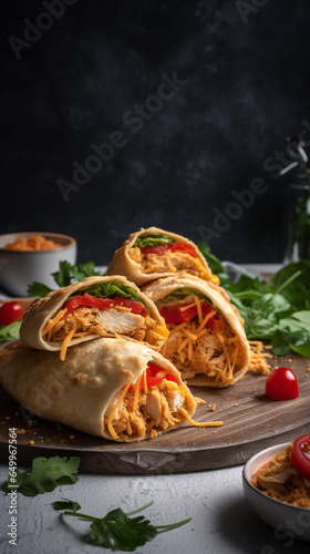 esquite mexican fast food on wooden board on black background, quick tortilla rolls burrito, denner, generativ ai photo