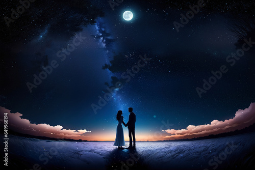 Silhouette of a loving couple against the background of the starry sky