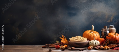 Fotografia Homemade fall baking with pumpkin ingredients spices and utensils for making pum