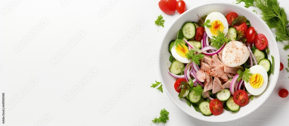 Healthy ketogenic detox salad bowl with tuna egg tomato lettuce cucumber and red onion White background top view