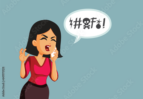 Angry Impolite Woman Swearing over the Phone Vector Cartoon. Stressed lady feeling furious using foul language 
