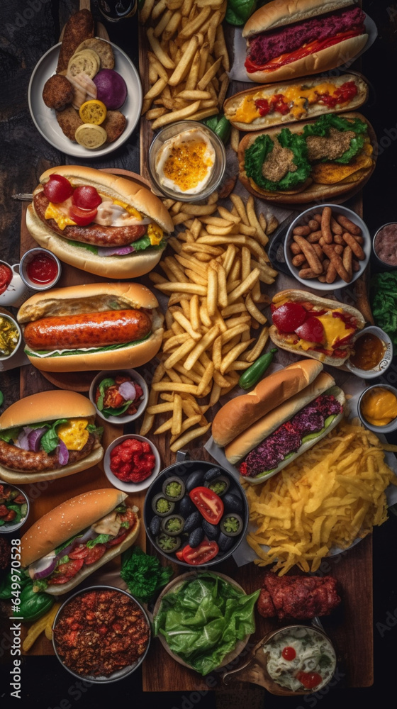fast food table top view hamburger hot dog snack, ai generation fast food table top view hamburger hot dog snack, ai generation