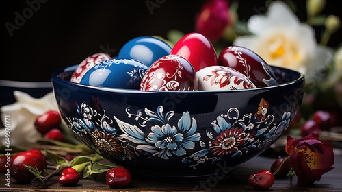 decorating handmade eggs for Easter in a plate with an ornament on the table. rustic style