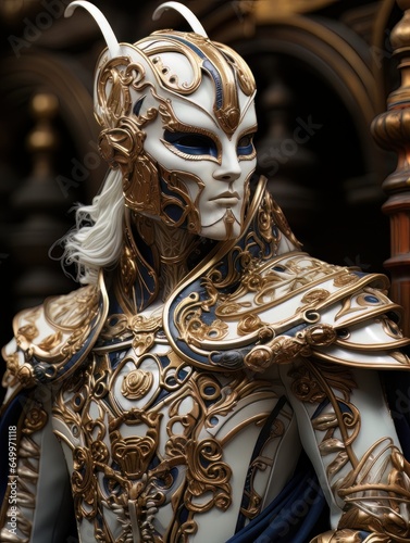 Epic knight in fantasy style in mask and armor with golden patterns. AI © Vitalii But