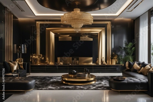 Art deco style interior design of modern living room with black wall and golden decor pieces