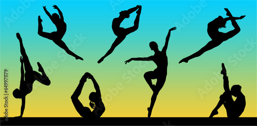 danza, baile, vector, silueta, telas, teatral, libre, mujeres