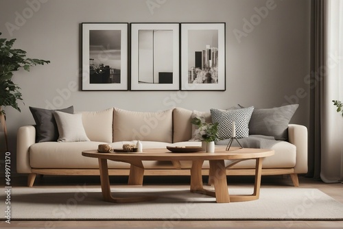 Round wooden coffee table near beige sofa with plaid and cushions Big mock up poster frame on wall  © ArtisticLens