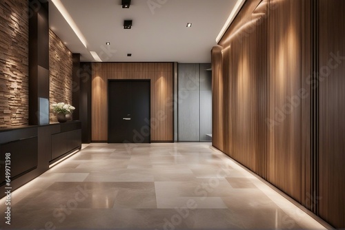 Stone and wood paneling wall in minimalist hallway Luxury home interior design of modern entrance