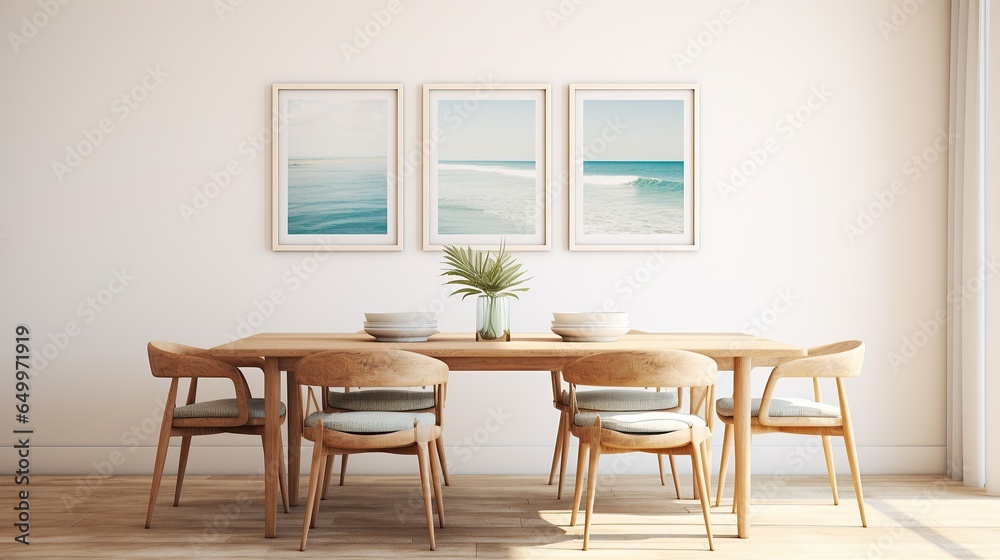 Elegant coastal style dining room with beach picture frames, Scandi interior design AI generated Elegant coastal style dining room with beach picture frames, Scandi interior design AI generated