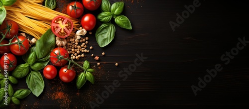 Italian cuisine ingredients Pasta tomatoes basil View from above with blank area