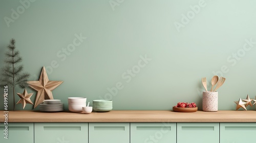 Green nordic Christmas kitchen with holidays decors, Happy holidays and New year 2024, Generative ai