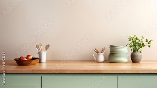 Coastal style green blank empty space kitchen countertop with kitchen utensils and indoor plant, Scandi interior design