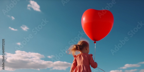 A small child against the sky stands with his back with a balloon. children's day, generativ ai