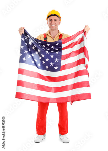 Mature worker with USA flag...