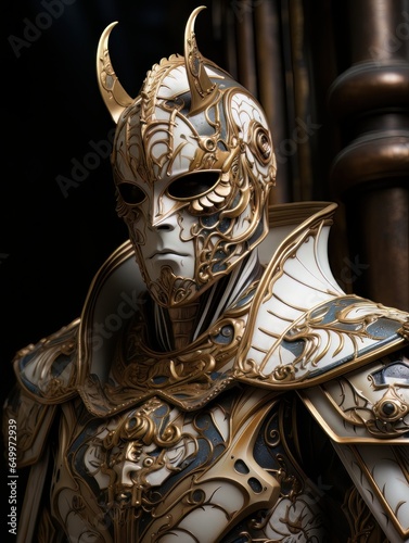 Epic knight in fantasy style in mask and armor with golden patterns. AI