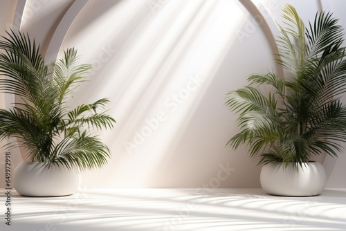 Abstract white studio background for product presentation. Empty room with shadows from windows and flowers and palm leaves. 3D room with copy space