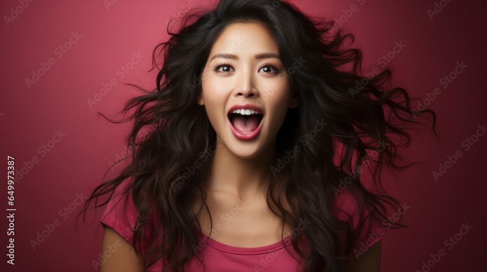 Confused Asian girl in front of a pink background