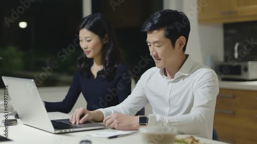 Freelance Asian couple working late at home