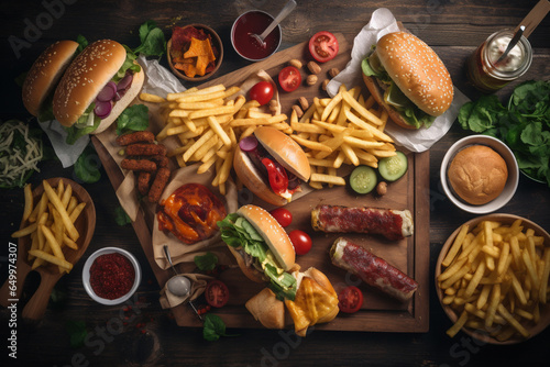 Wallpaper Mural fast food table top view hamburger hot dog snack, ai generation Torontodigital.ca