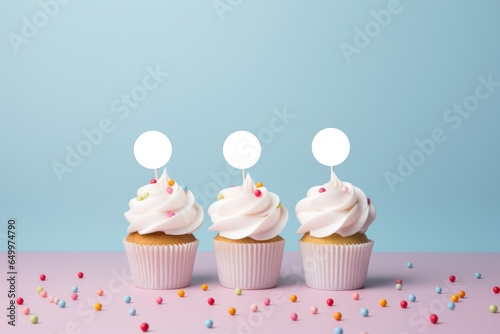 Blank White Round Cupcake Toppers Mockup on Pastel Background, Empty Label Template for Product Display. Generative AI