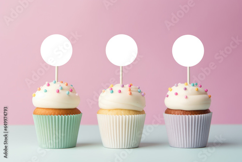Blank White Round Cupcake Toppers Mockup on Pastel Background, Empty Label Template for Product Display. Generative AI