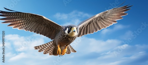 Skyward flight of hobby bird with blue sky backdrop