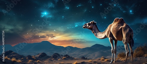 Camel sits on sand in desert with stars in UAE sky photo