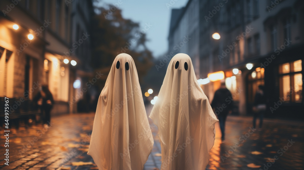 Obraz premium Ghosts walking on the street in the evening. Halloween concept.
