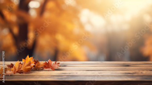 Wooden table with autumn leaves on bokeh background. Autumn concept