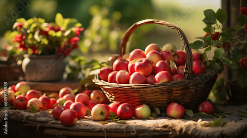 Ripe red apples in a basket on a wooden table in the garden