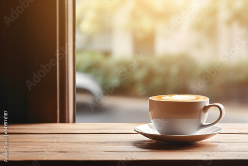 A Cup of Coffee on Wooden Table with Blurred Background, Cozy and Relaxation Vibes. Generative AI