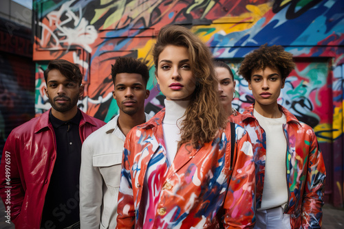 A group of attractive young models in bright fashion clothes stands near graffiti mural wall