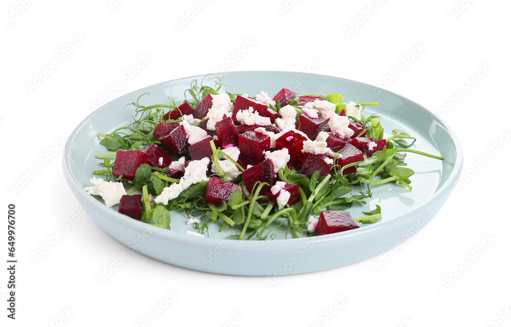 Plate of fresh vegetable salad with beet on white background