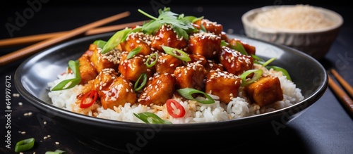 Asian vegan cuisine consisting of General Tso style tofu with rice green onion and pak choi photo