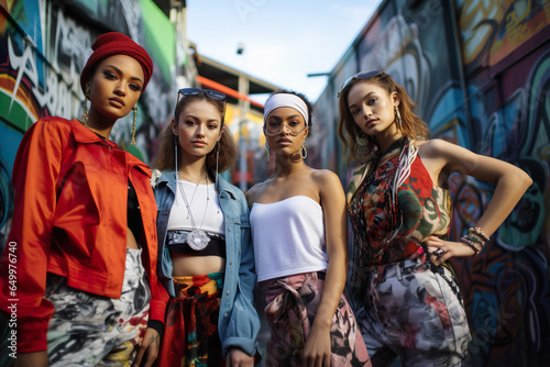 A group of attractive young models in bright fashion clothes stands near graffiti mural wall