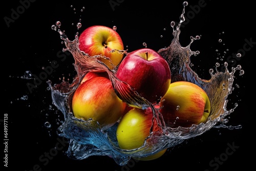 Apples falling with water splash on black background, Generative AI