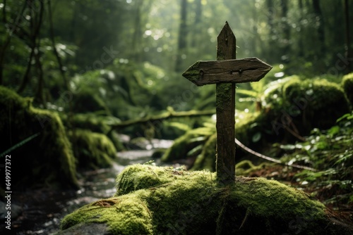 Wooden sign in shady forest with river, Signpost in swamp, Generative AI photo