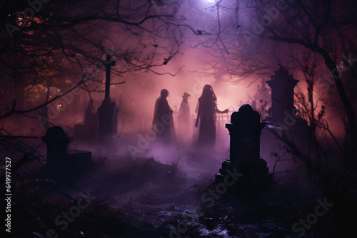 the eerie atmosphere of Halloween: A moonlit abandoned graveyard, bathed in sinister shades of purple and green. Ghostly figures dance in mist, their ethereal forms swirling with supernatural grace