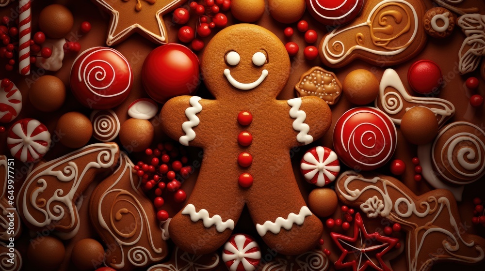 Christmas gingerbread cookie in the middle of chocolates and Christmas sweets, Generative AI