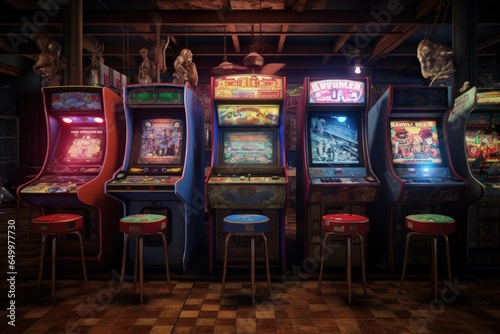 Old game room with arcade machines, Generative AI photo