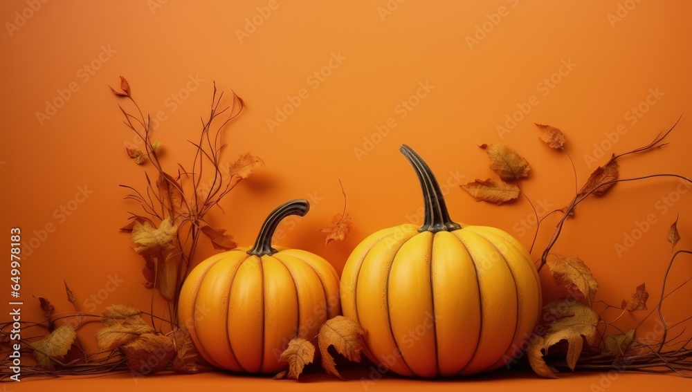 Pumpkins and leaves on orange background with copy space, Generative AI