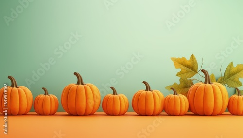 Pumpkins and leaves on green background with copy space  Generative AI