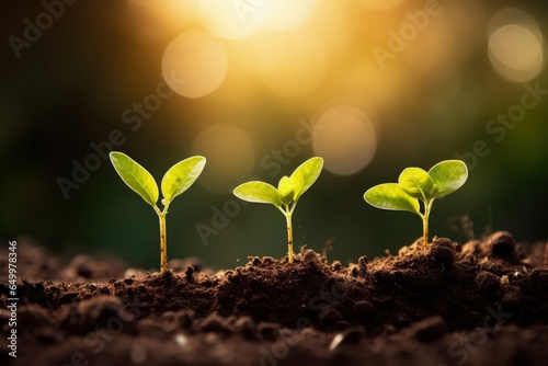 Plant seedlings on the ground seen close up and blurred background, Generative AI